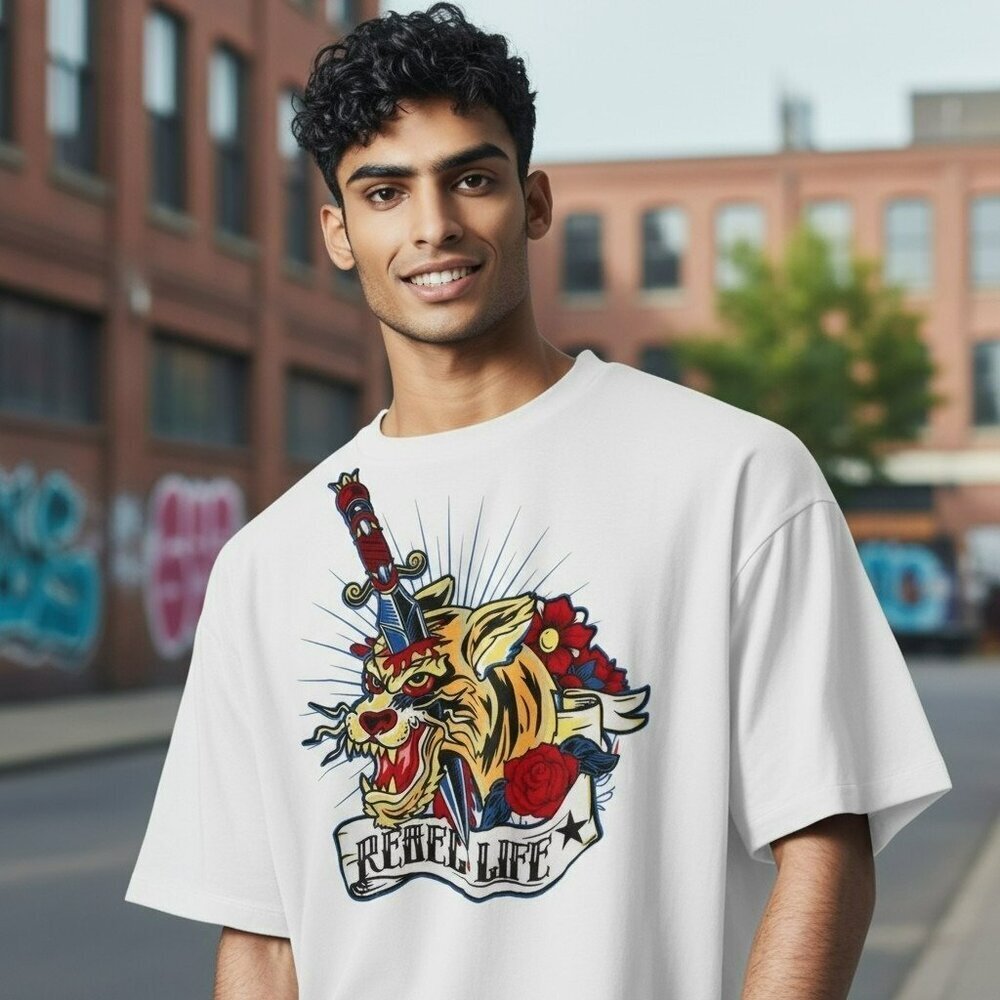 New Rebel Minds Men Large White Tiger Dagger Print Crew Neck T Shirt Graphic Tee